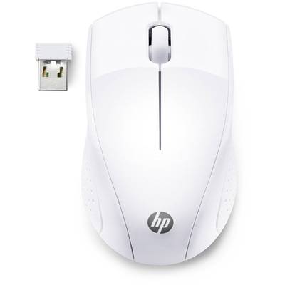 White wireless mouse with USB dongle. Oval design with grey scroll wheel and HP logo on the front. Suitable for laptops and computers.