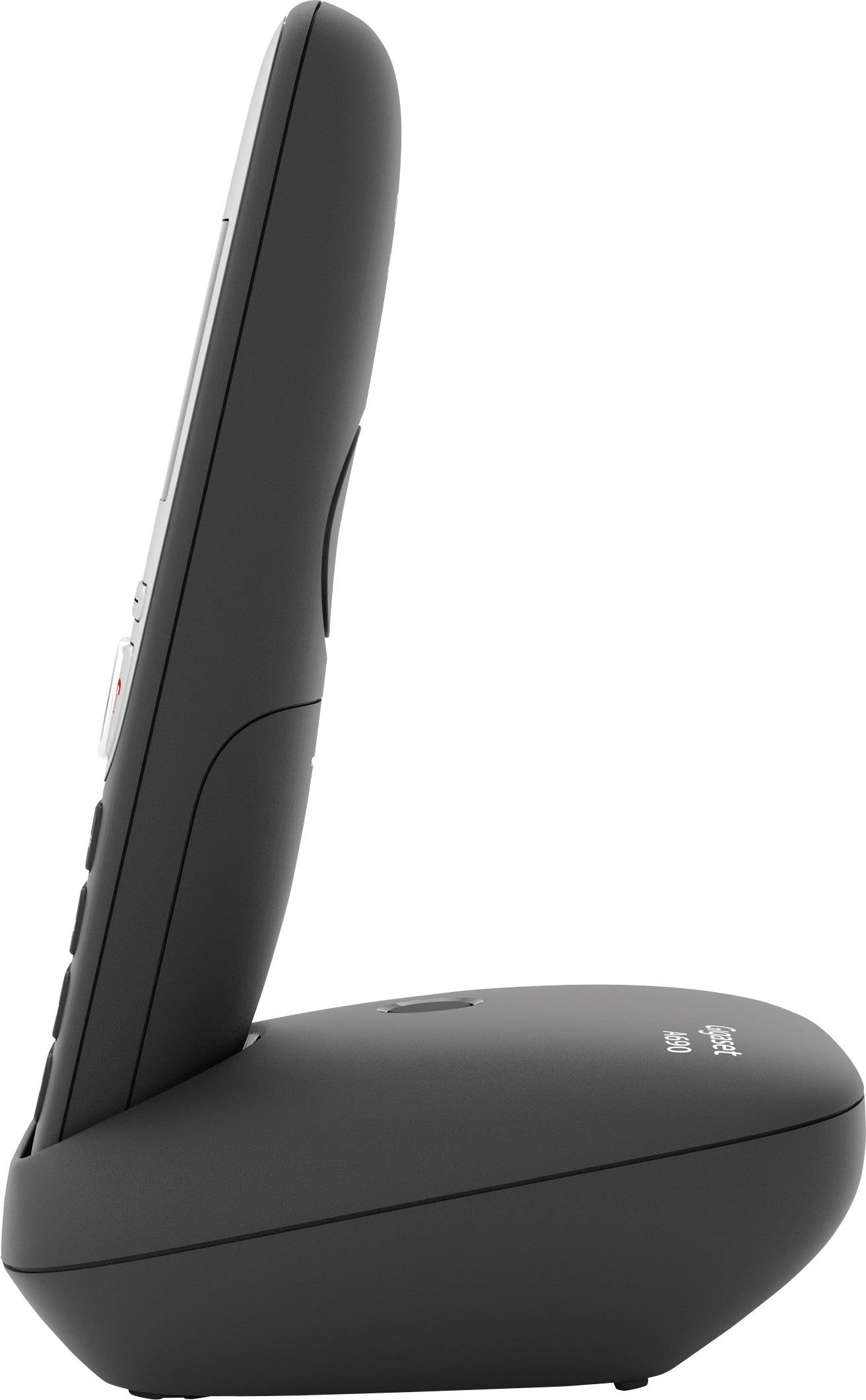 A black cordless telephone in side profile with the handset positioned vertically on the base station.