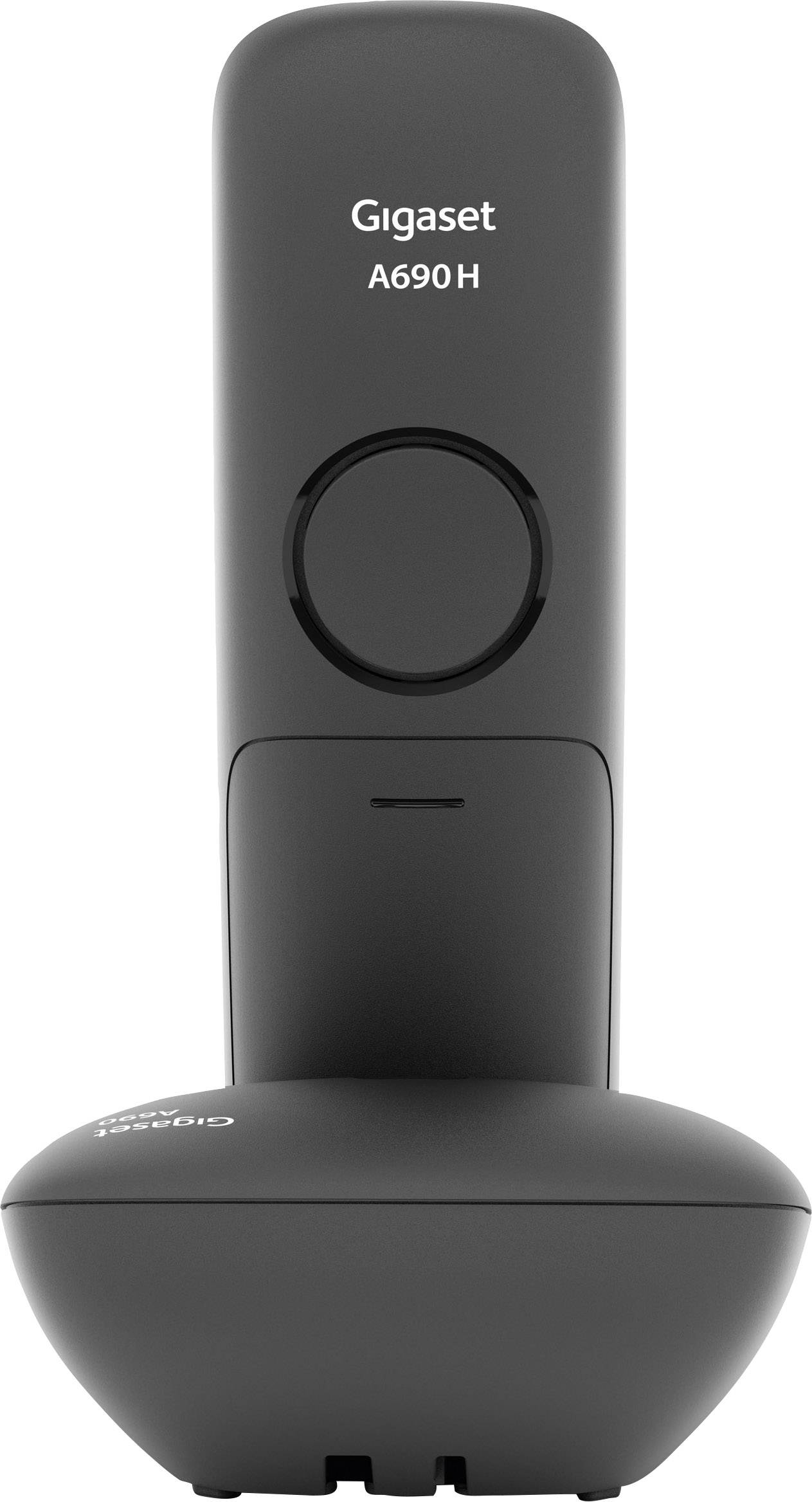 A cordless Gigaset A690H handset in black, standing on its charging cradle, showcasing the minimalist design without a visible display or buttons.