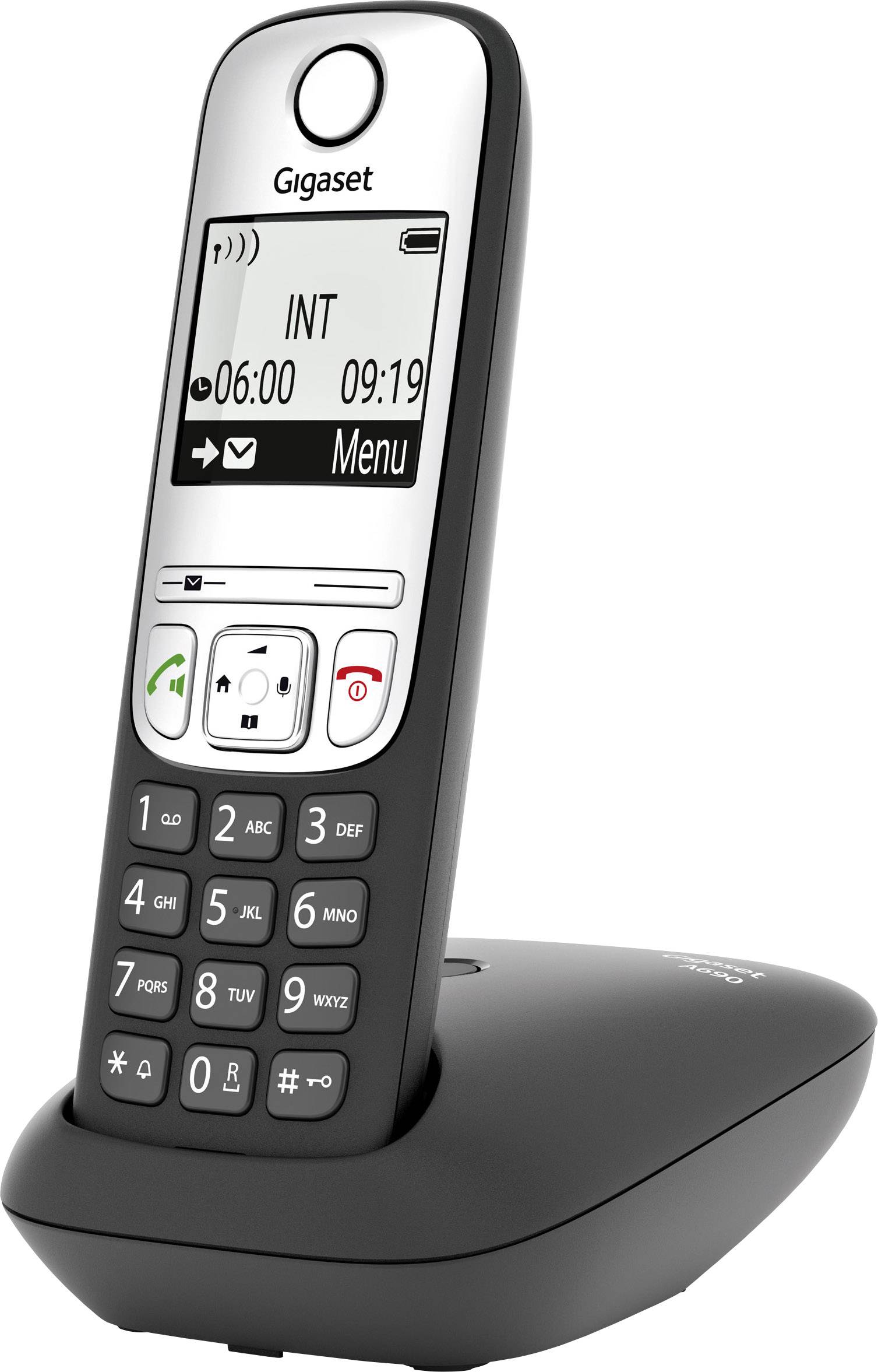 Cordless telephone with display and keypad, situated on charging station. Display shows time and menu options.