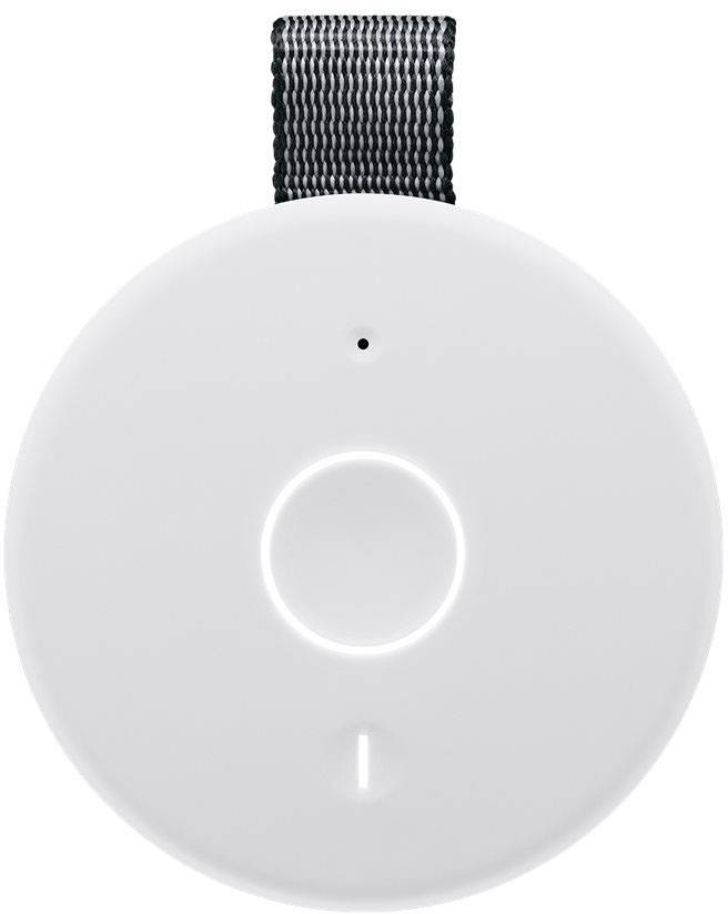 A white, oval device with a black loop and a central button. It could be a portable alarm or sensor.
