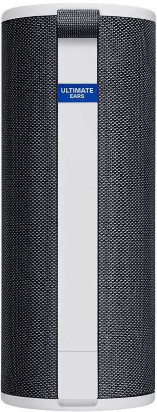 A portable speaker in a cylindrical shape with a black casing and a white stripe in the middle. 'ULTIMATE EARS' is written on the top.