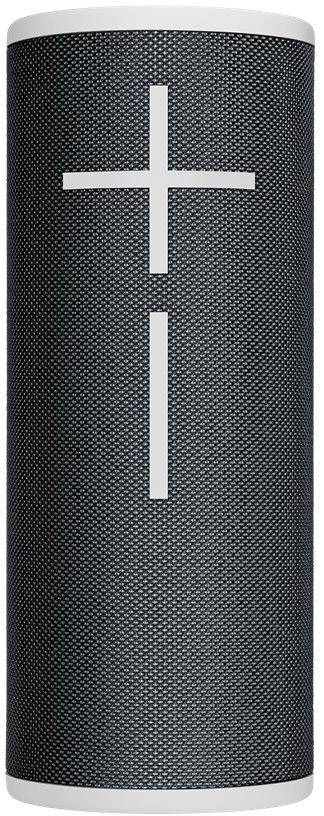 A cylindrical, portable speaker in black with white plus and minus symbols for volume control.