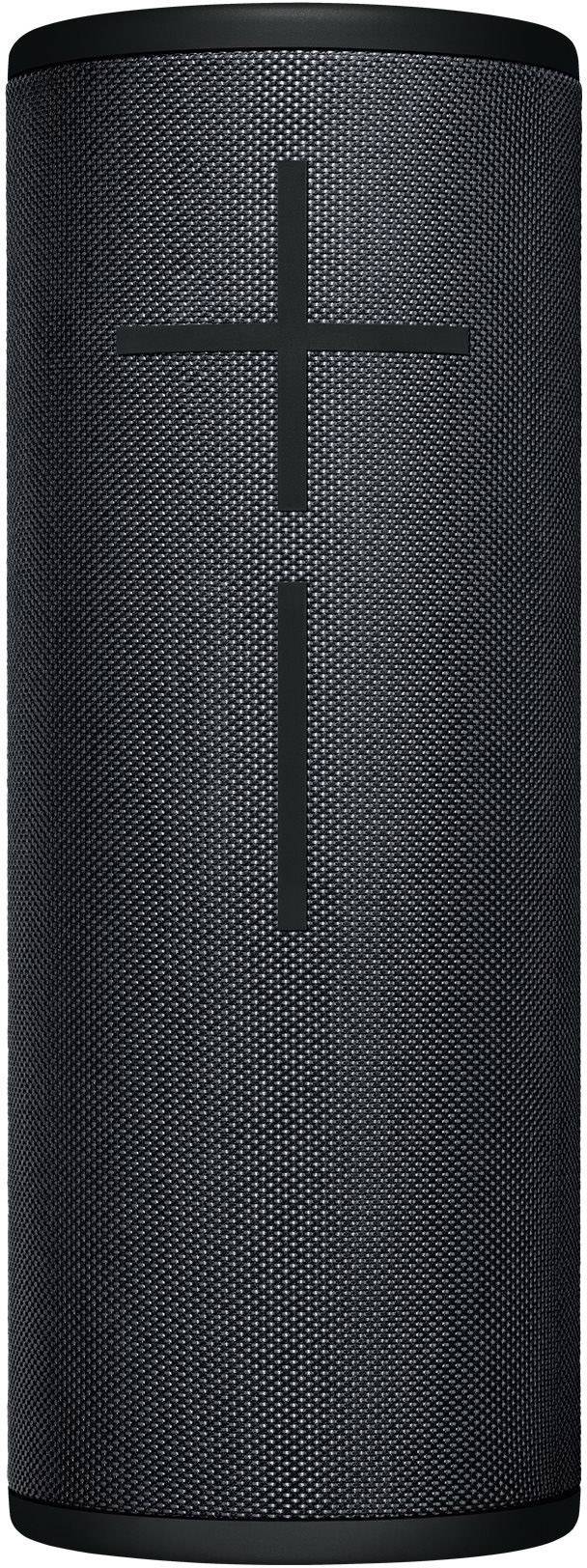 A black cylindrical speaker with a large plus sign, most likely a portable Bluetooth speaker.