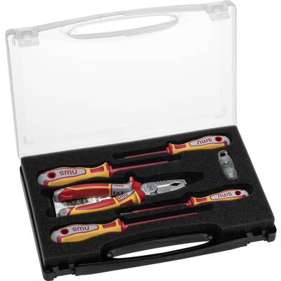 Tool kit with five insulated tools: two screwdrivers, a side cutter, a combination pliers and a socket attachment in black foam.