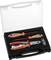Toolkit with screwdrivers, pliers and voltage tester in a foam insert, suitable for electrical work.