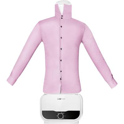 A pink shirt is being pressed by an automatic ironing device with buttons along the front. The device is visible in the background.