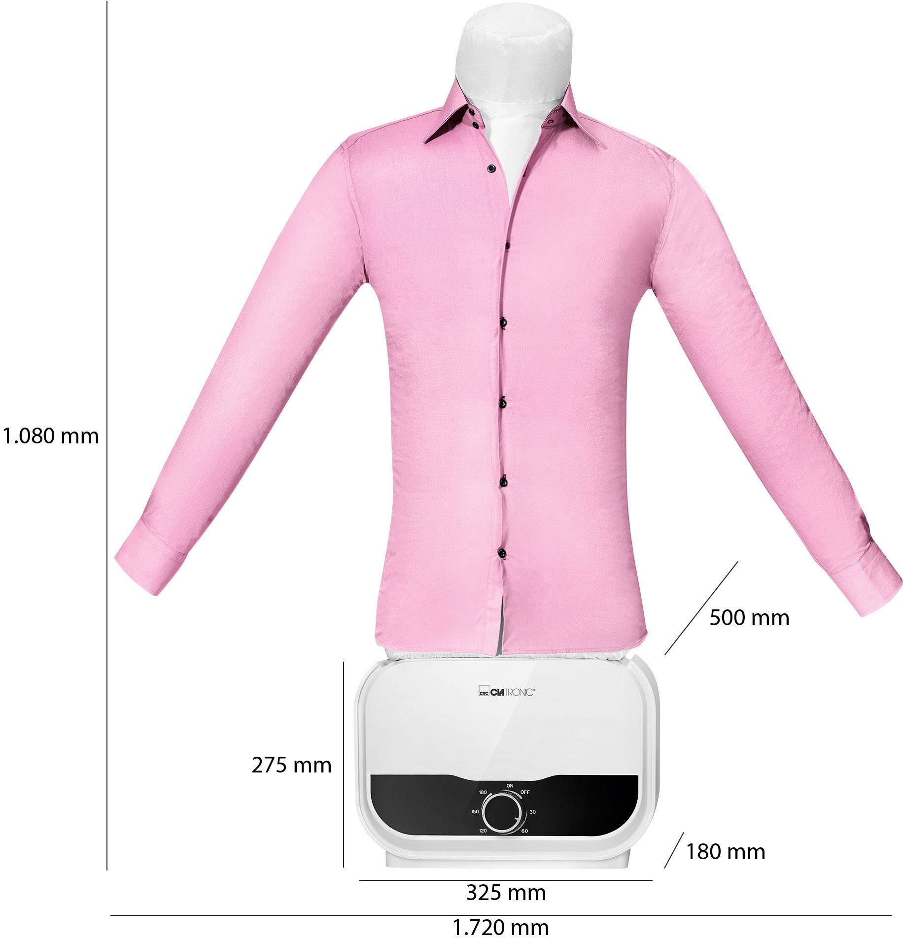 A shirt press for a pink shirt. Dimensions: Height 1,080 mm, Width 1,720 mm. Base: 500 mm high, 325 mm wide, 275 mm deep.
