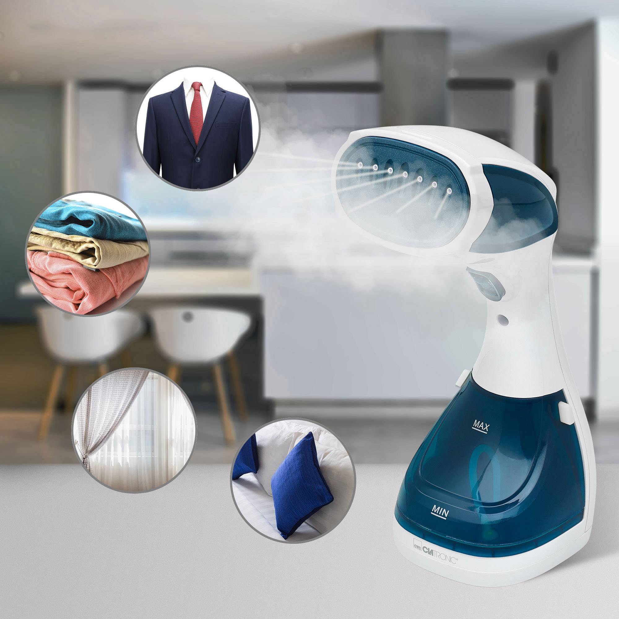 Steam iron in a modern space shows steam jet. Uses: Clothing, curtains, fabrics. Blurred dining area in the background.