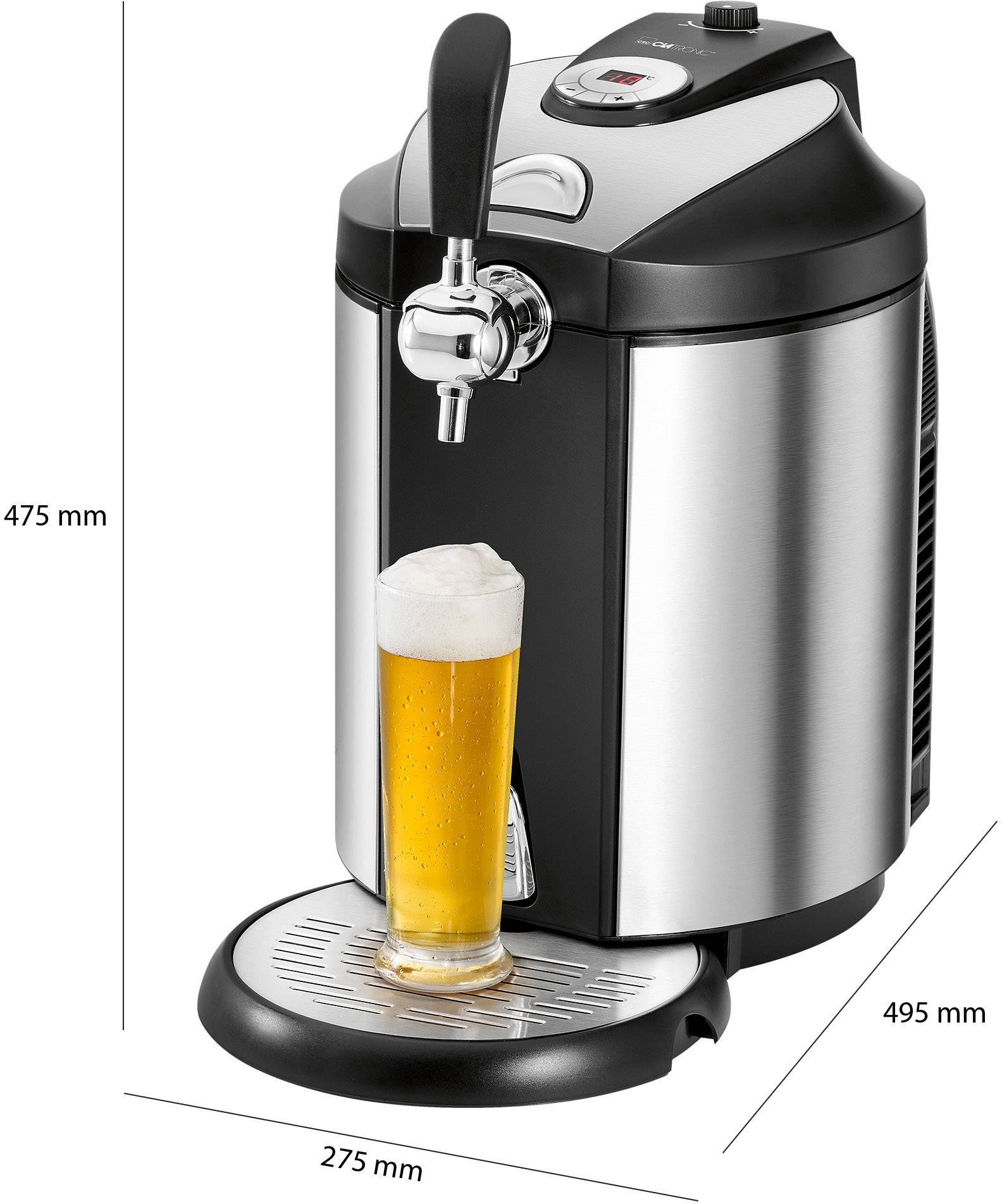 Beer tap system with stainless steel finish, filled with a glass of beer. Device dimensions: 475 mm high, 495 mm deep, 275 mm wide.