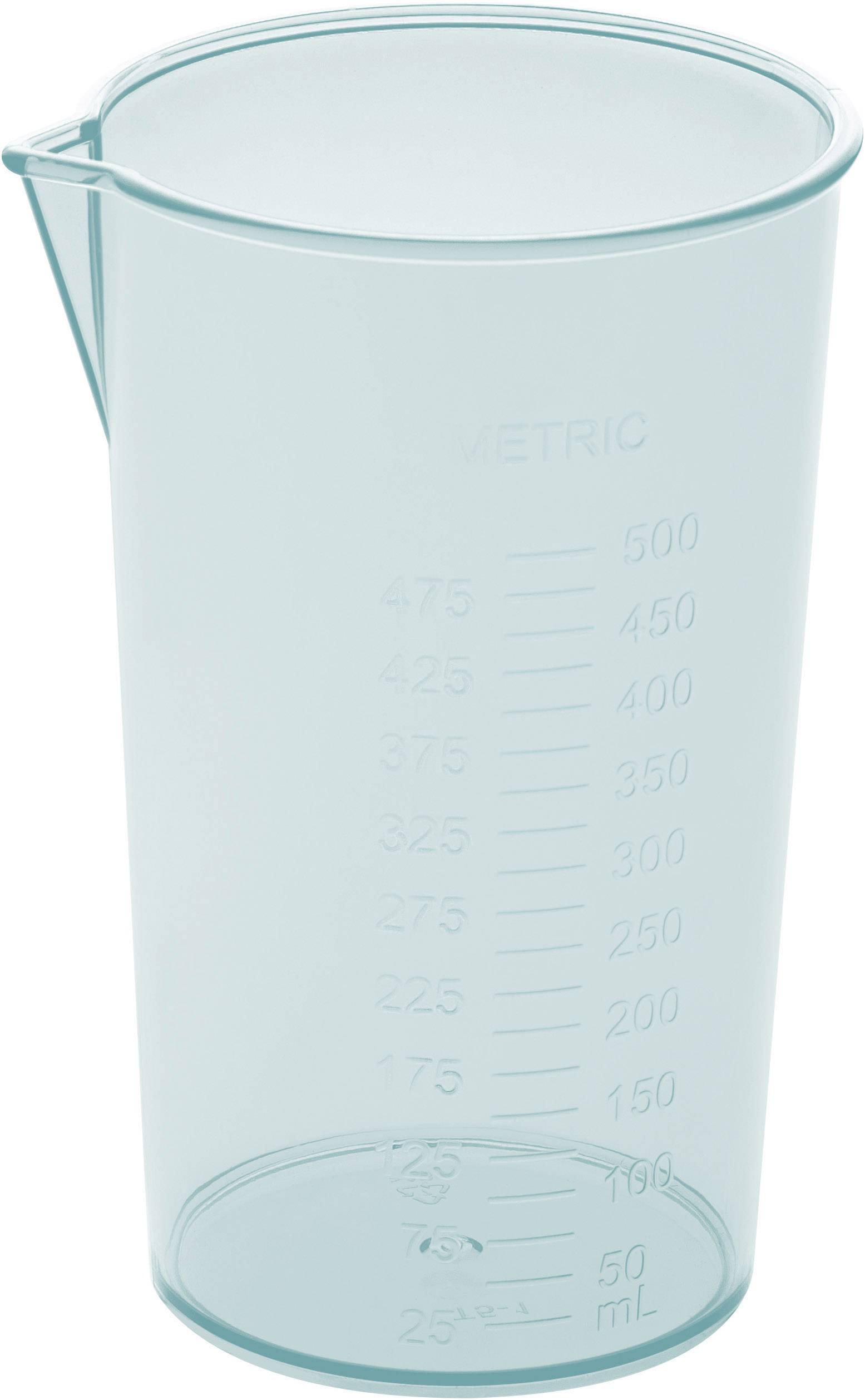 A transparent measuring jug with scales in millilitres from 50 to 500 ml.