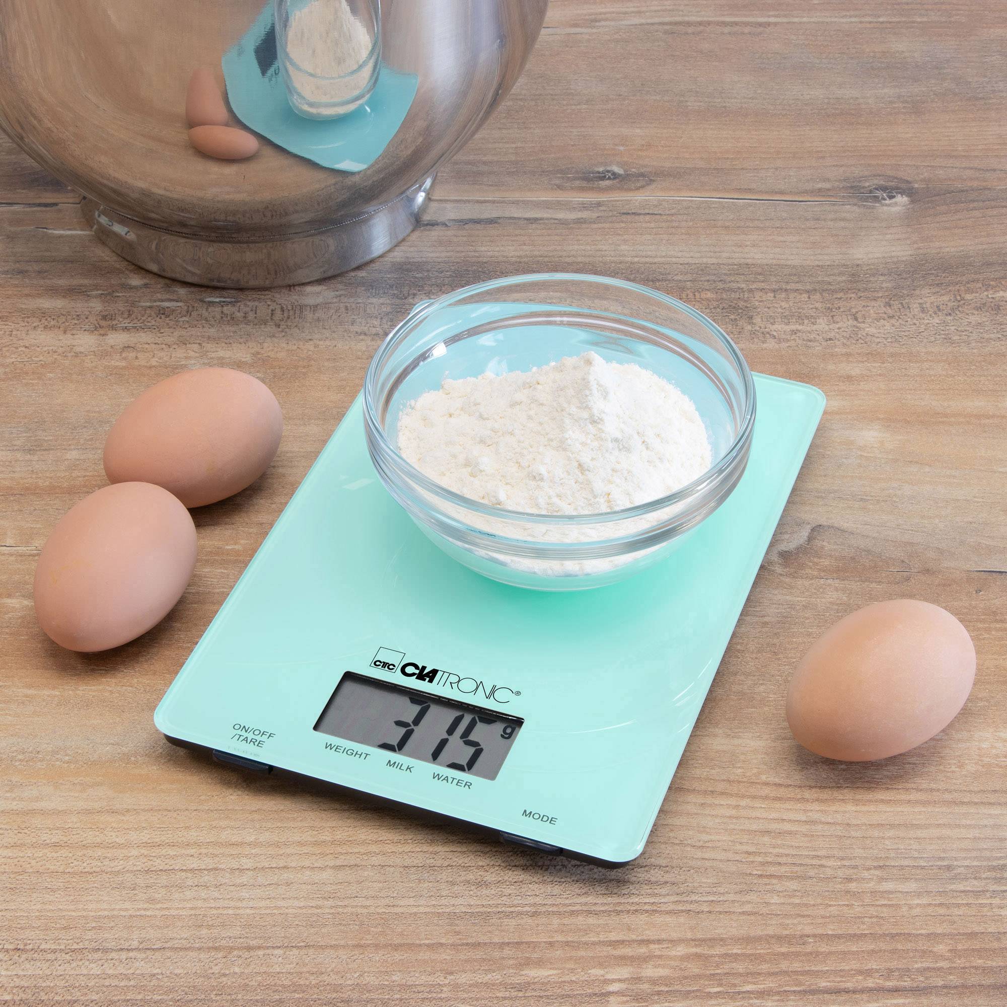 Electronic kitchen scales with a clearly readable LCD display, battery-operated, with high stability thanks to rubberised feet.