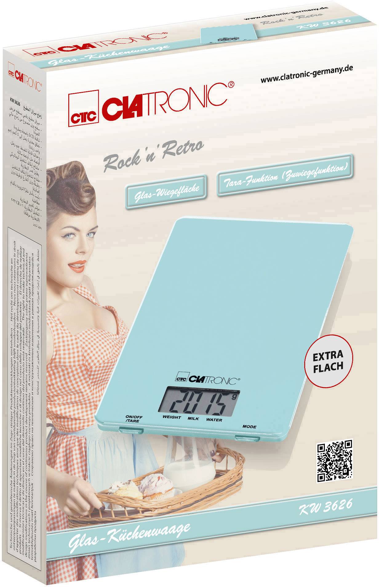 Packaging for a Clatronic glass kitchen scale in a retro design. Contains an image of a vintage woman, scale in turquoise, and text 'Rock 'n' Retro'.