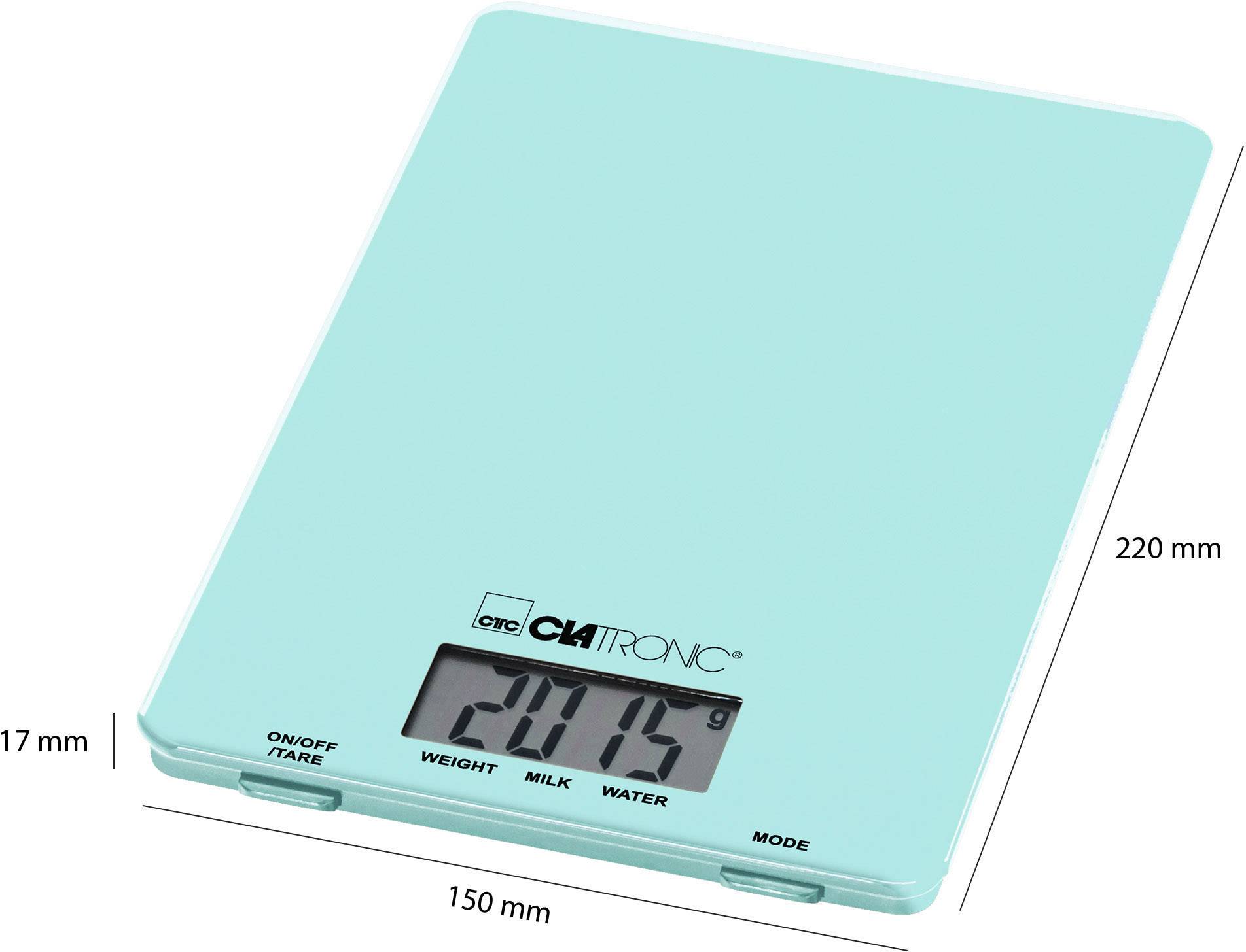 Blue digital kitchen scales with large display showing '2015 g'. Dimensions: 220 mm x 150 mm x 17 mm. Functions: Weight, Milk, Water.