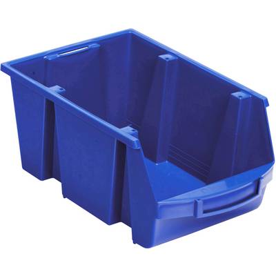 Blue plastic storage box with an open front section and handle for easy access and transportation of items.