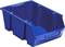 Blue plastic container with open sides and handle, suitable for storing or organising items in the home or office.