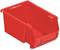 Red plastic storage box with an open front and handle, suitable for storing small parts.