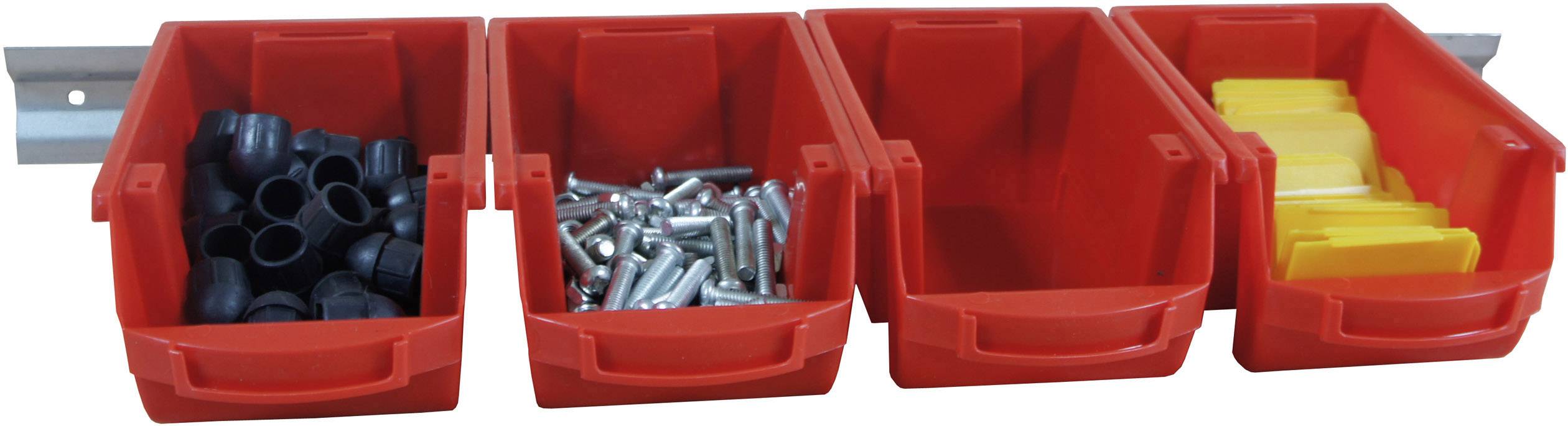 Four red storage boxes on a rail, filled with black cable ties, screws, and yellow markers from left to right.