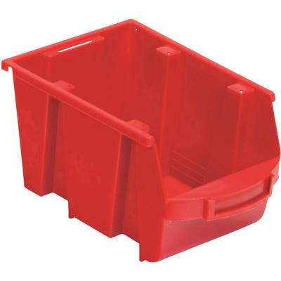 Red plastic storage box with handles, suitable for storing and organising items in the home or office.