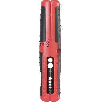 A red wire cutter with a black handle in a locked position. Text 'LOCK' on the front.