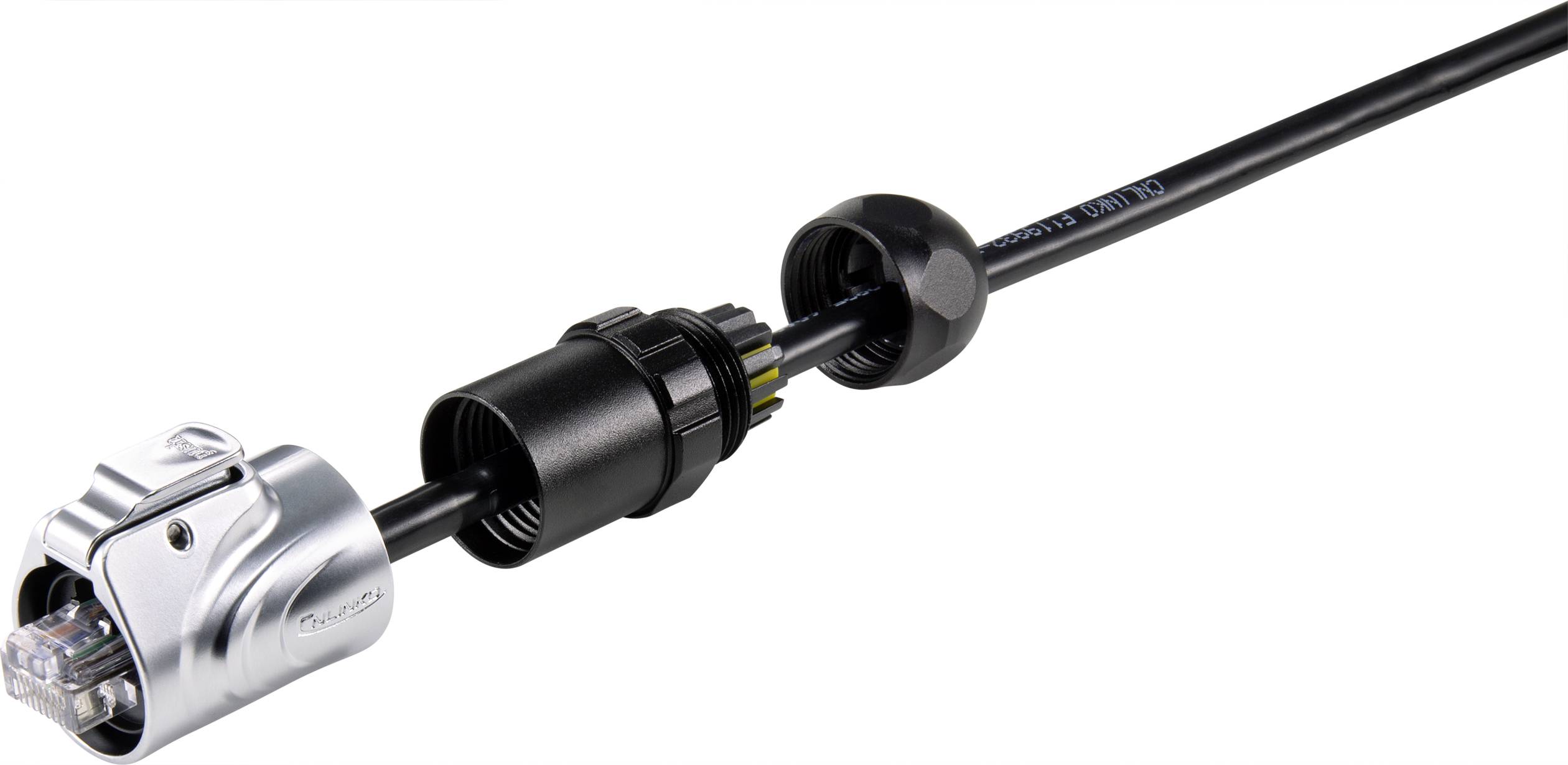 'Network cable with waterproof connector, comprising a metal plug, black cable and protective cap, connected to an RJ45 socket.'