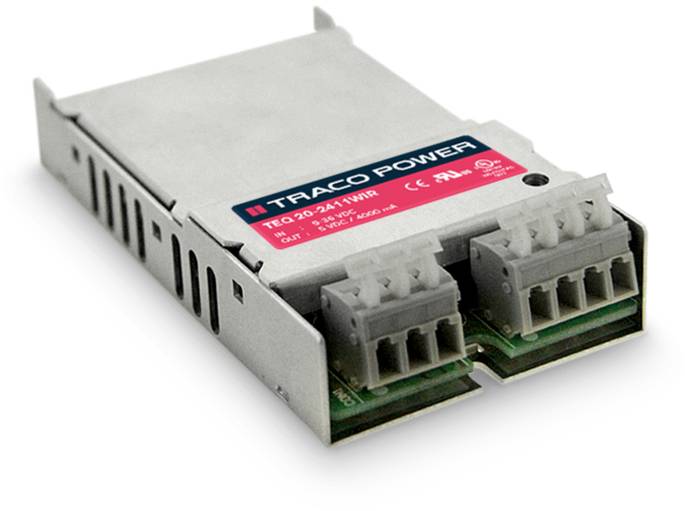 A Traco Power DC-DC converter module, model number TEO 30-2410WIN, with two connectors and a metal enclosure.
