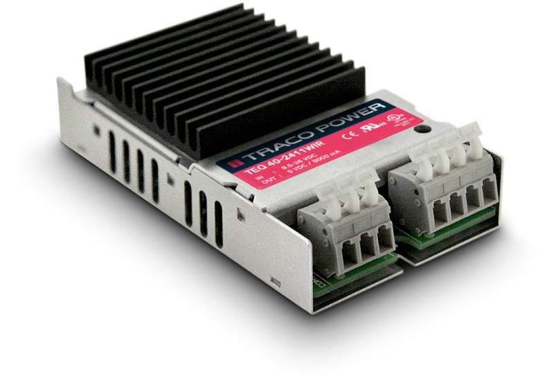 Power supply module with heatsink, two connections, and markings for technical details and safety certifications.