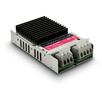 Power supply module with heatsink, two connections, and markings for technical details and safety certifications.