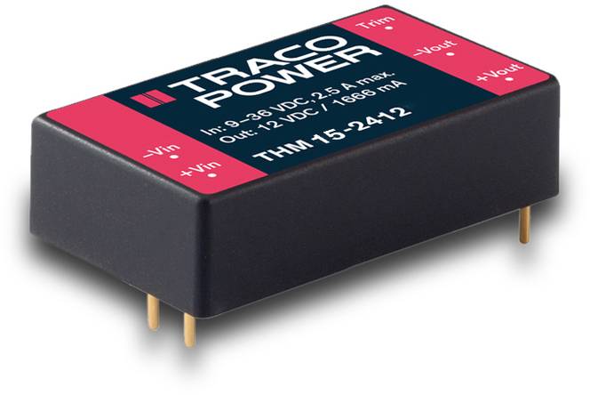 'Traco Power' module, label shows: 'Input: 9-36 VDC, 2.5 A max. Output: 12 VDC, 1660 mA'. Electronic component with pins.