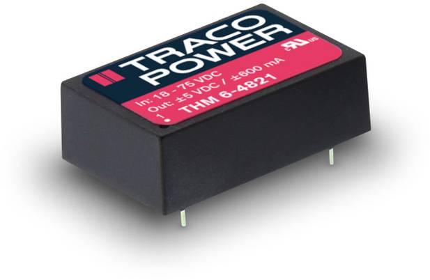 Black electronic circuit board with 'Traco Power' logo, specifications '18-75 VDC Input, ±5 VDC Output, ±600 mA' and product code 'THM 6-4821'.