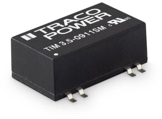 A black Traco Power module, model TIM 3.5-0911SM, is placed on a white background. Electronic component with four pins.