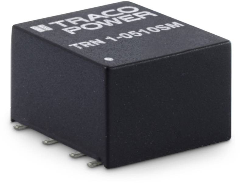Small, black electronic component cube with the inscription 'TRACO POWER TRN 1-0510SM', showing six connection pins on the underside.