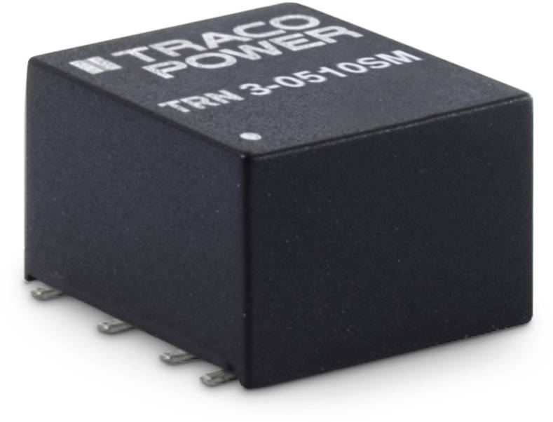 A black, square transformer by Traco Power, labelled 'TRN 3-0510SM', is positioned against a white background.