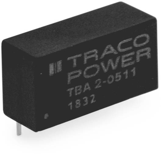 A rectangular black Traco Power voltage converter with the inscription 'TBA 2-0511 1832', for electronic power supply.