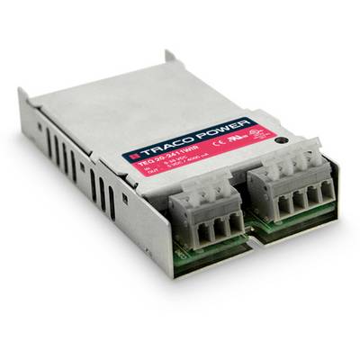 A metal enclosure with electronic connectors at the front; with a label 'TRACO POWER' displaying technical specifications.