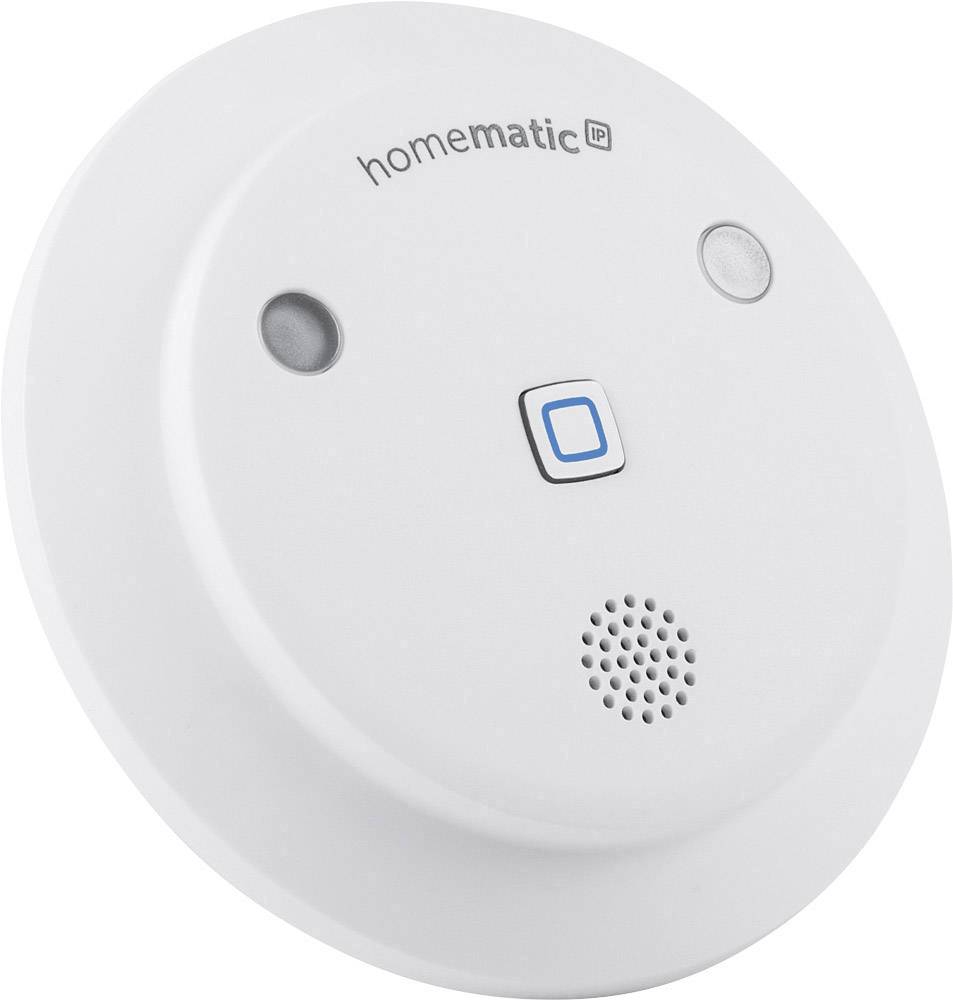 Round smoke detector with two grey buttons and a blue square button in the centre. 'Homematic' brand on the top surface.