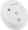 Round smoke detector with two grey buttons and a blue square button in the centre. 'Homematic' brand on the top surface.