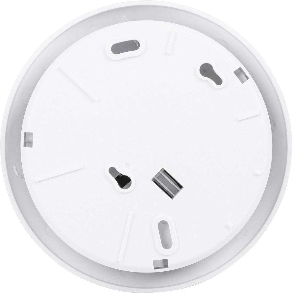 A white, round mounting bracket with multiple fixing holes, typically used for securing devices to a wall or ceiling.