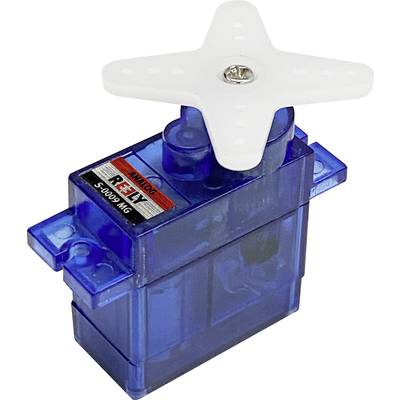 A blue analogue servo motor with a white cross-arm attachment.