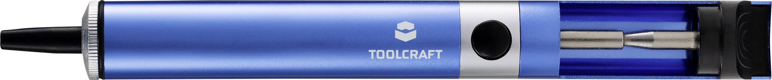A blue electric soldering iron by Toolcraft, with a black handle and silver accent. Suitable for soldering work.