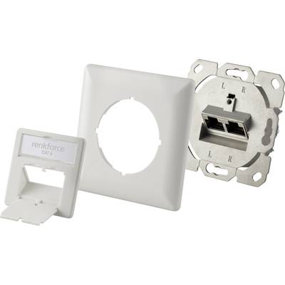 Network socket with CAT 6 labelling, consisting of a housing, cover plate and two Ethernet ports.