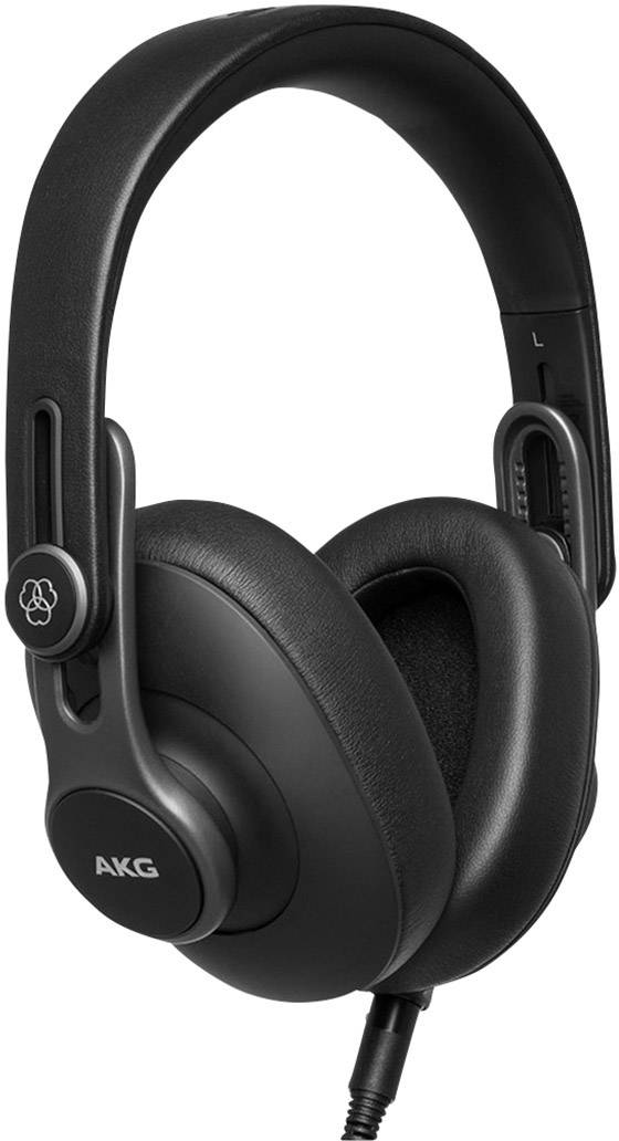 Black AKG headphones with a closed design and adjustable headband. Ideal for professional audio applications.