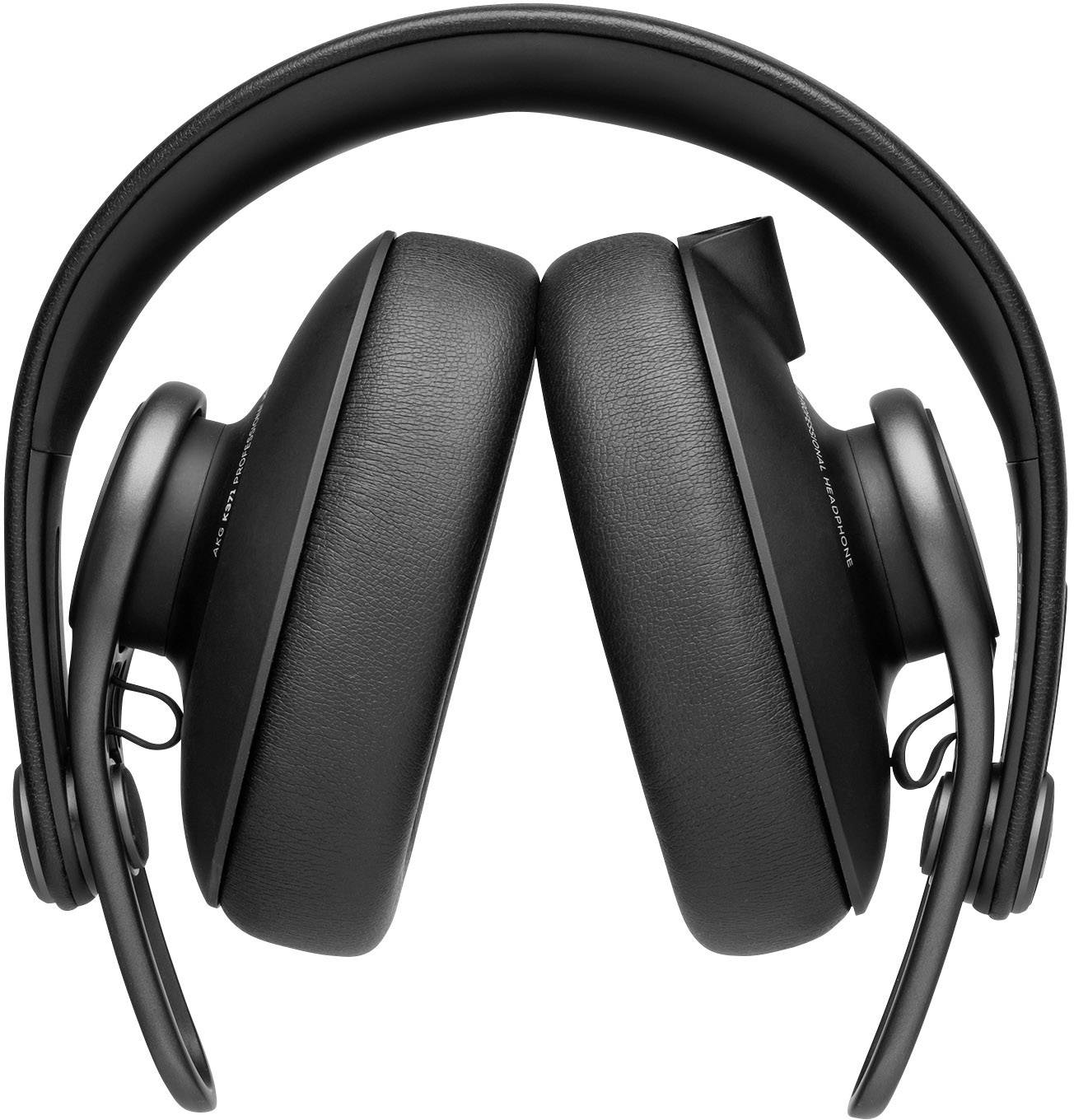 Black over-ear headphones, folded and shown from the front, with soft ear cushions and a padded headband.