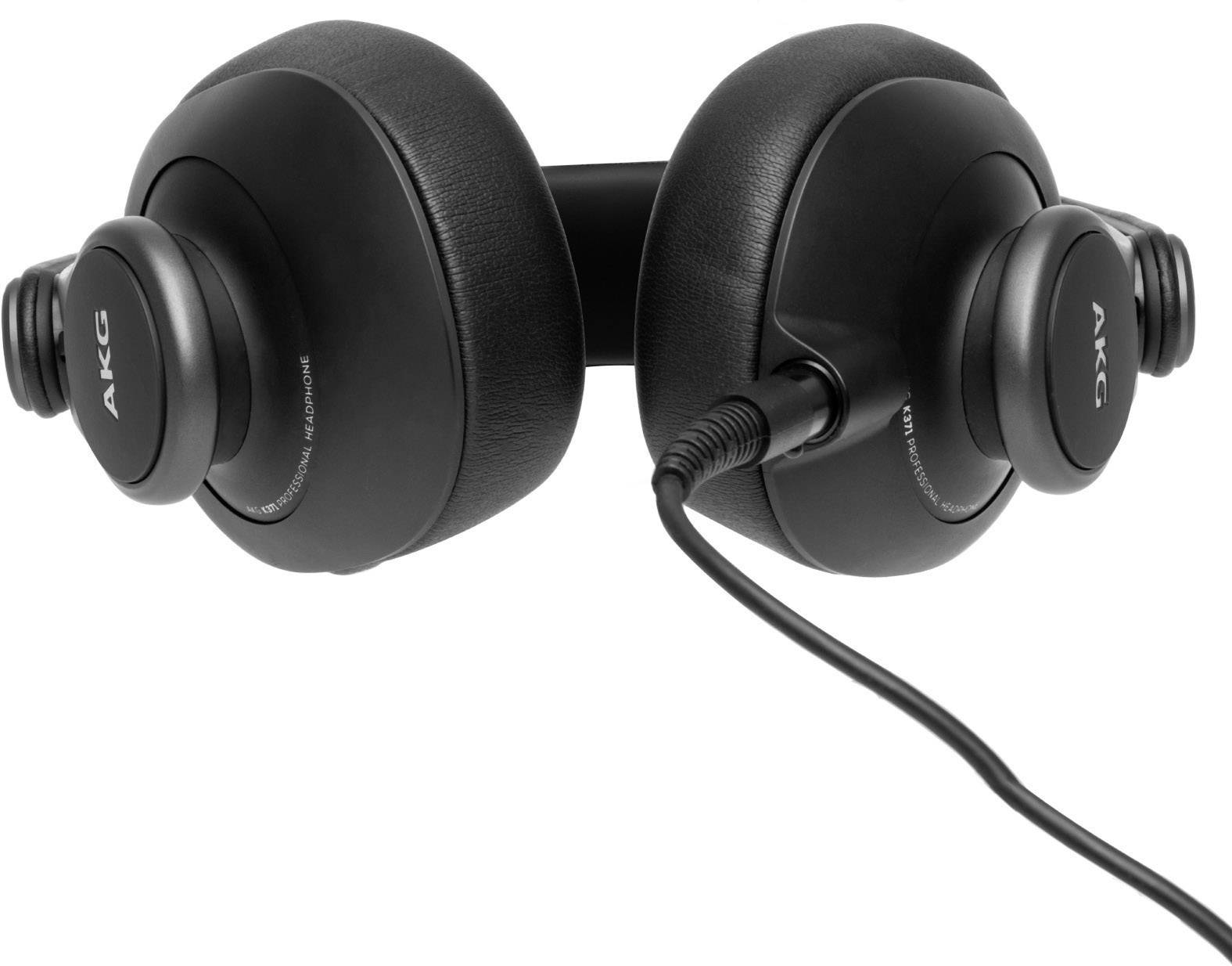Black over-ear headphones with cable. 'AKG' brand on the ear cups. Suitable for music enjoyment and audio production.