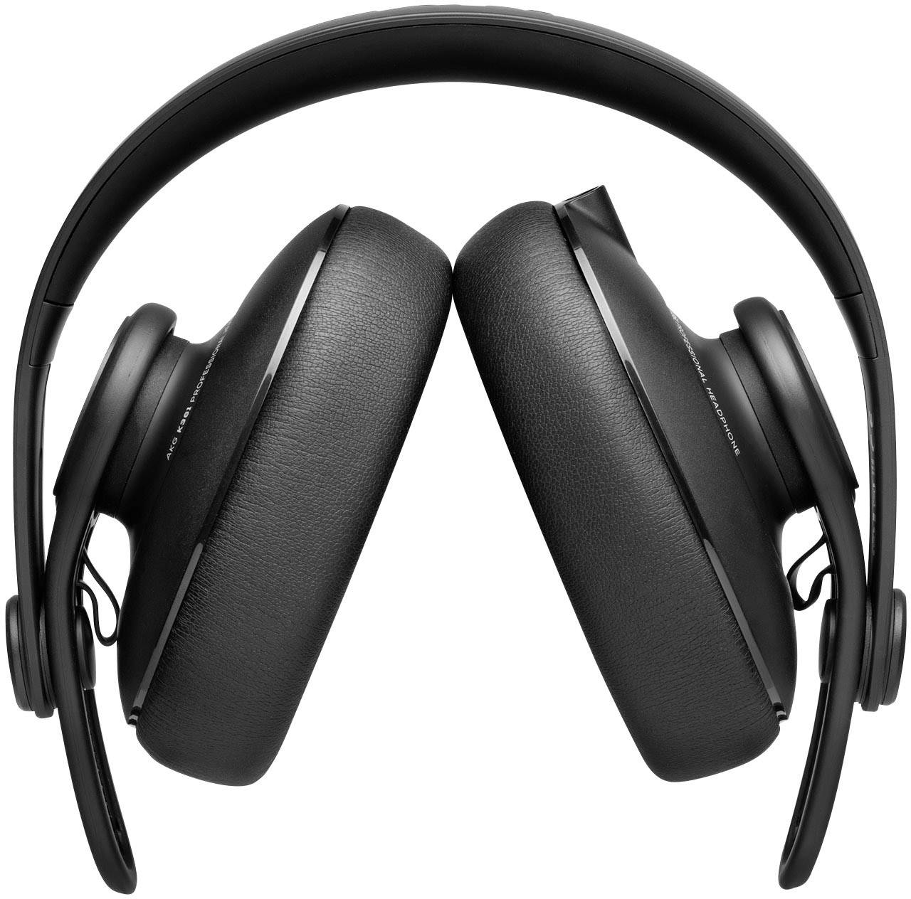 A black over-ear headphone with padded ear cups, viewed from the front, on a white background.