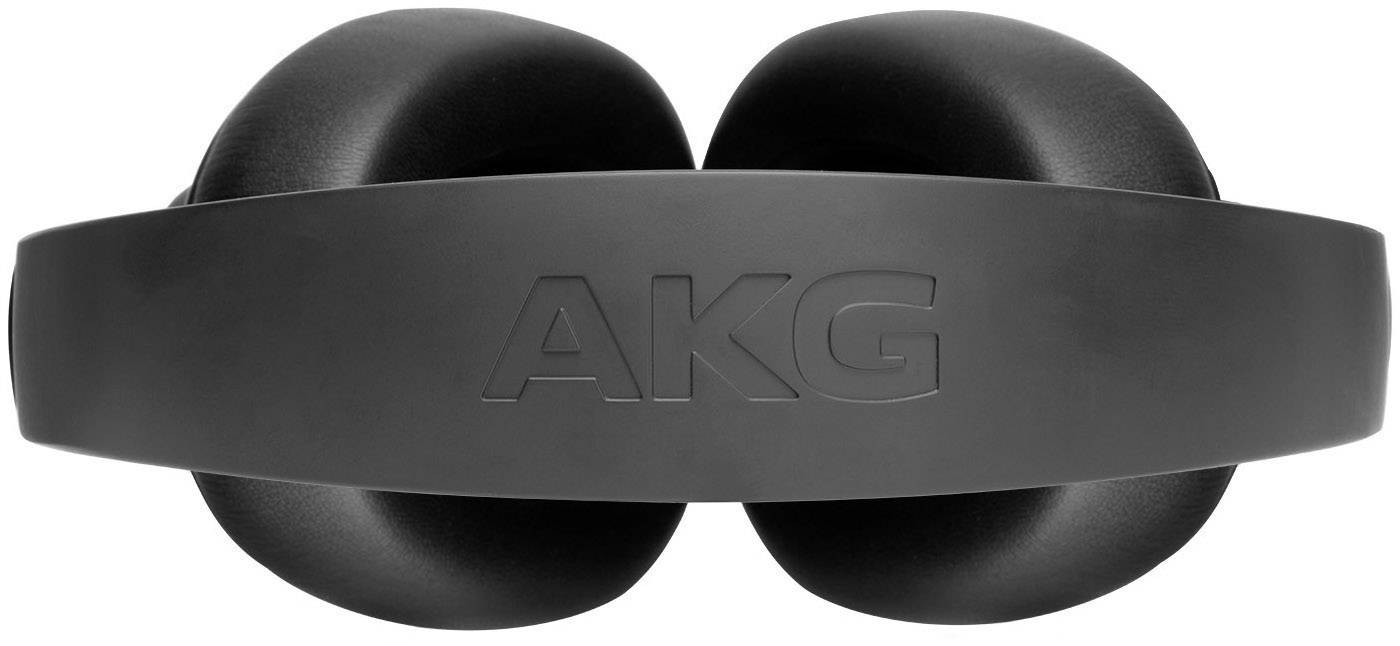 Black over-ear headphones with 'AKG' printed on the headband. The ear cushions are softly padded and round in shape.