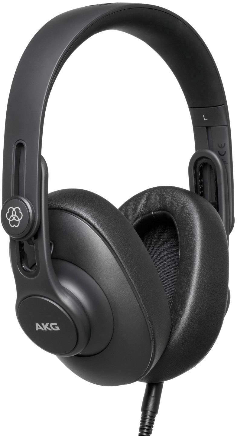 Black over-ear headphones with soft ear cushions and cable, 'AKG' brand logo on the ear cup, designed for high-quality sound.