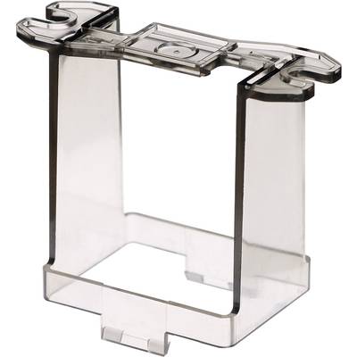 Plastic fuse holder, transparent, rectangular, with a hook at the top for mounting, designed for secure installation.