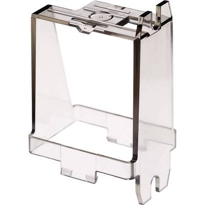 Transparent rectangular plastic holder, standing upright. Suitable for holding or supporting a smaller object.