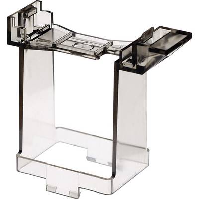 A transparent, rectangular plastic holder with flaps on both sides. Presumably used for holding or securing an item.